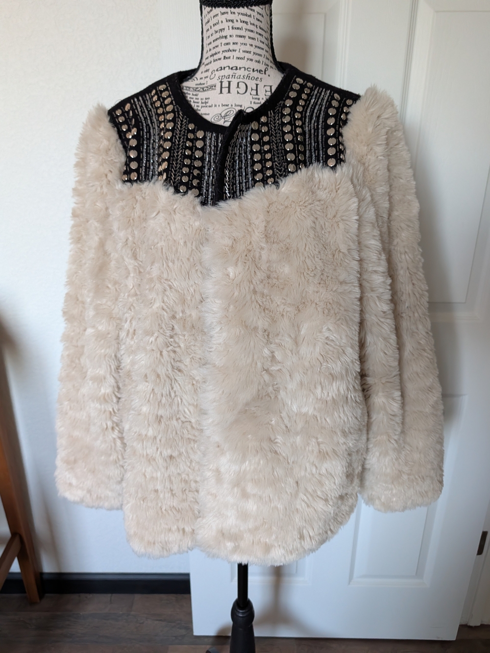 Donna Salyers Beige Faux Fur Coat with Embellished Black Yoke. Size L